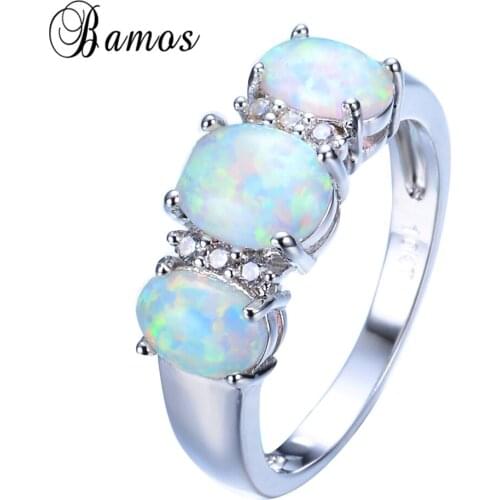 Bamos New Sale Unique Round Fire Opal Ring White Gold Filled Crystal Jewelry Vintage Wedding Party Rings For Men And Women