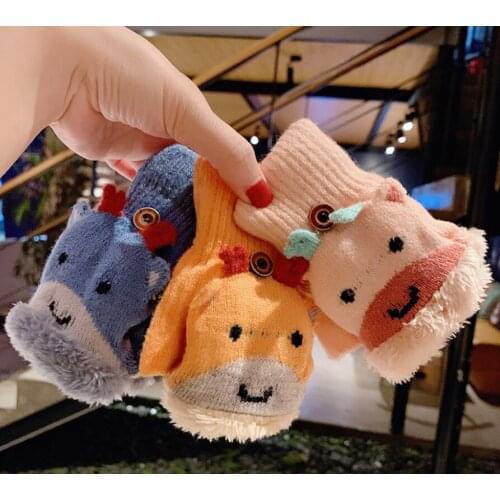 HOT SALE Childrens Winter Half-finger Gloves Cute Cartoon Thickened Plus Velvet Warmth Student Clamshell Knitted Gloves
