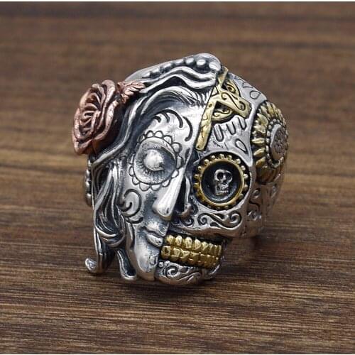 925 Sterling Silver Sugar Skull Mexican Roses Lady Ring Men Gift A3397