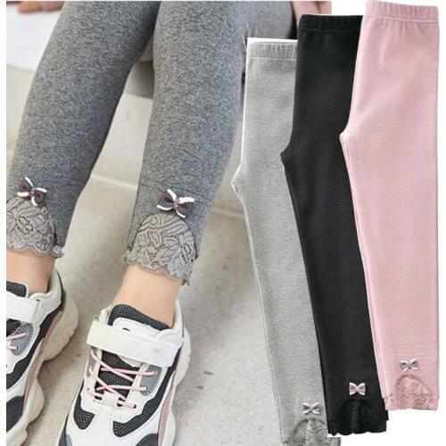 Spring Autumn Outfits Fashion Child Leggings Sweet Girls Cotton Lace Patchwork Bow Trousers Kids Clothing For 2-10 Years Old