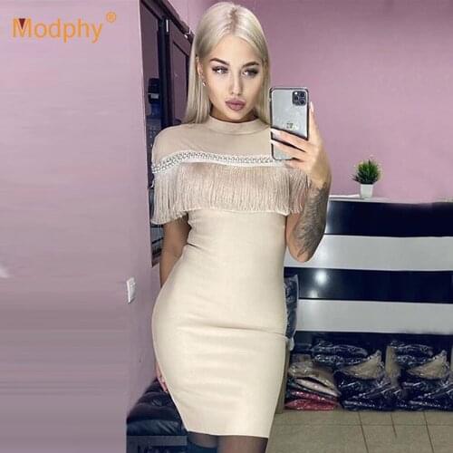 Modphy Sexy Crystal Fringed Apricot Bandage Dress WomenS Black Pencil Skinny Dress Club Celebrity Evening Party Vestidos Femme