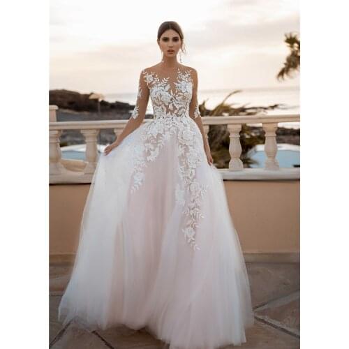 Sheer 3/4 Sleeves See Through Floral Applique Blush Wedding Dress Sexy Illusion Lace Wedding Dresses