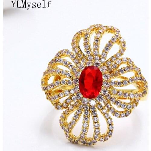 Luxury Hollow Line design Ring Gold-color Red Stone Jewellery Cubic Zirconia Beautiful Jewelry Large rings for women