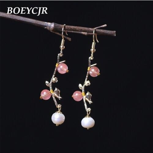 BOEYCJR Ethnic Vintage Gold Color Branch Stone Bead Dangle Earrings Jewelry Simulated-pearl Drop Hook Earrings For Women