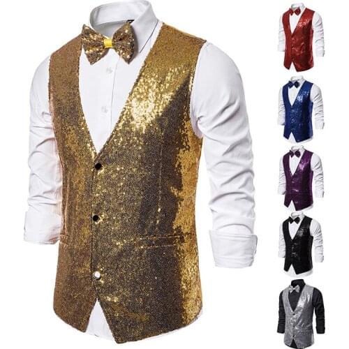 Chic Mens Vest Sequins Bling Glitter Business Casual Slim Formal Waistcoat Single Breasted Dress Party Show