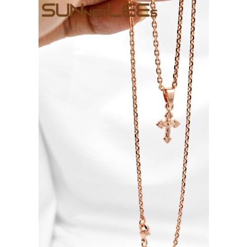 SUNNERLEES Fashion Jewelry Jesus Christ Cross Pendant Necklace Link Chain Rose Gold Color For Women Girl Gift P72