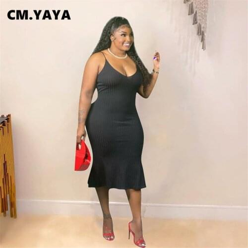 CM.YAYA Women Plus Size Dress Solid Sleeveless Strap V-neck Ruffles Stretchy Midi Dresses Sexy Fashion Vestidos Summer Outfits