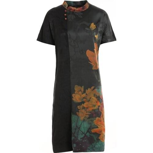 Gowani Silk Dress Retro Printed Elegant Profile Chinese Dress Cheongsam Qipao