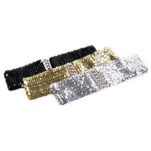 1 pcs Fashion Gold Silver Black red Women Casual Elastic Stretch Buckle Style Shinning Sequin Waist Waistband Belt Cummerbunds