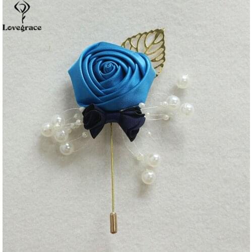 Lovegrace Silk Rose Wedding Men Boutoniere Imitation Pearl Artificial Golden Leaves Decor Bridegroom Boutonniere