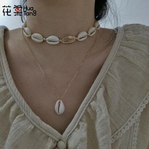 HuaTang Bohemian Sea Shell Choker Pendant Necklace Women Gold Color Multi-layer Chain Necklaces Jewelry Collares2356