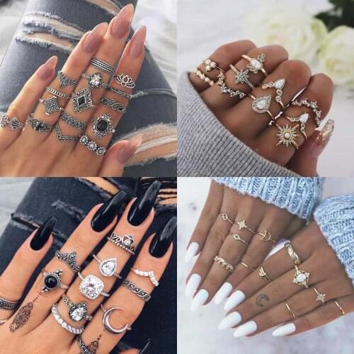 Vintage Boho Finger Rings Set Moon lotus snake Crystal Midi Kunckle Ring For Women Wedding Party Jewelry Accessories