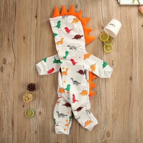 Cute Newborn Baby Boy Girl Kid Dinosaur Cartoon Romper Jumpsuit Hooded Long Sleeve Rompers Cotton Clothes