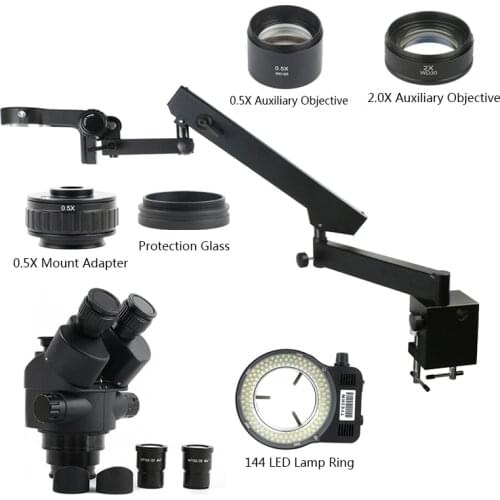 7-45X 3.5X-90X Simul-Focal Trinocular Stereo Microscope Articulating Arm Pillar Clamp With 0.5X 2.0X Objective Lens 0.5X Adapter