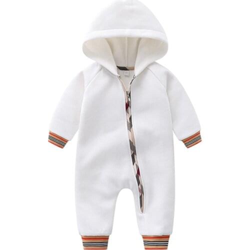 Autumn and winter baby clothes Hooded stripes Long sleeve cotton warm plus velvet newborn baby romper