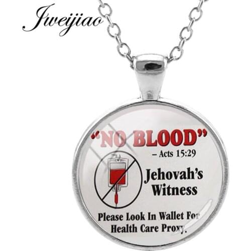 JWEIJIAO ' No Blood ' 25mm Glass Cabochon Necklace Jehovahs Witness Jewelry Color Chian Pendant QF90