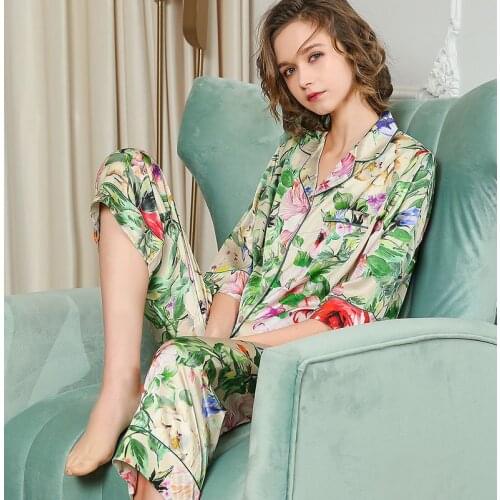 Falaishuka Heavy Silkworm Silk Pajamas Womens Summer Casual Split Home Wear Two-Piece Suit Spring and Autumn T8221