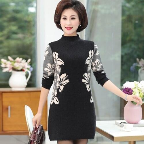 Women Turtleneck Sweater High-end Knitting Dress 2019 Autumn Winter New Pullover Print Flower Knitted Loose Dresses Vestidos