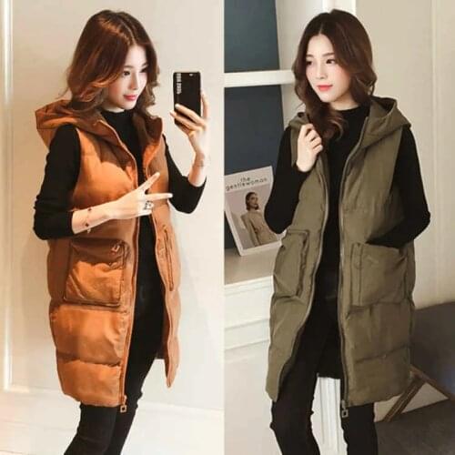 Casual Women Warm Winter Vest Jacket Hooded Mid-Length All-Match Thicken Waistcoat Plus Size Sleeveless Cotton Outerwear Clothes