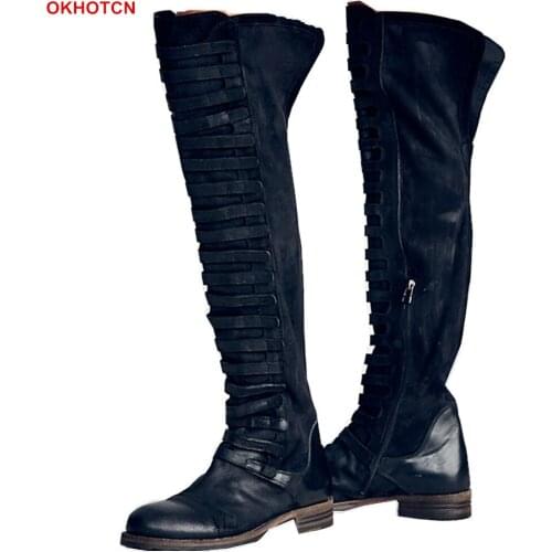 OKHOTCN New British Retro Style Knee High Boots Women Black Olive Narrow Band Pathwork Long Boots Big Size Leather Snow Booties
