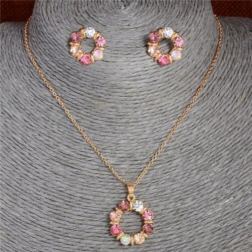 MINHIN Special Pink Created Rhinestone Pendant Necklace Stud Earring For Girl Delicate Pretty Gold Color Wedding Jewelry Set