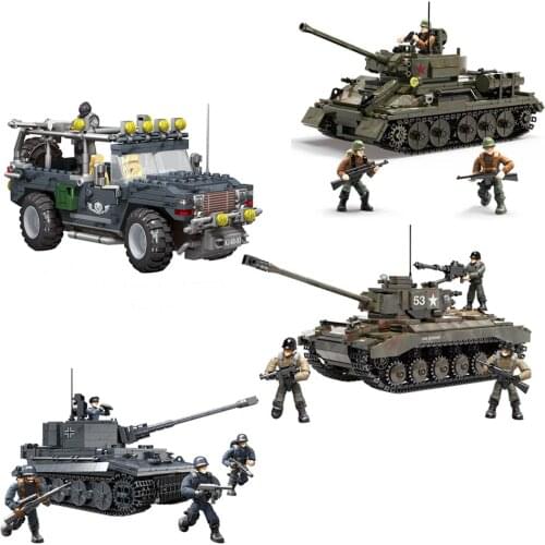 T-34/85 M26 Tiger Tank Humvee World War Military Battle of Rhineland Army Action Figures Mega Block WWII Weapon Building Bricks
