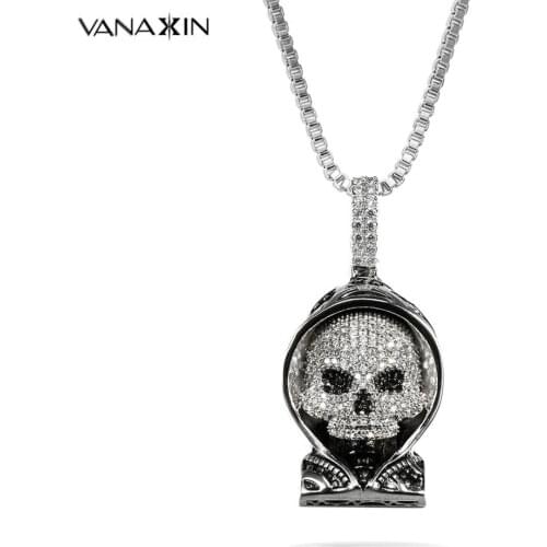 VANAXIN Skull Death Necklace&Pendant Male Machine Hip Hop Jewelry Death AAA CZ Stone Necklaces Rhodium Black Gun Plated Box Pack