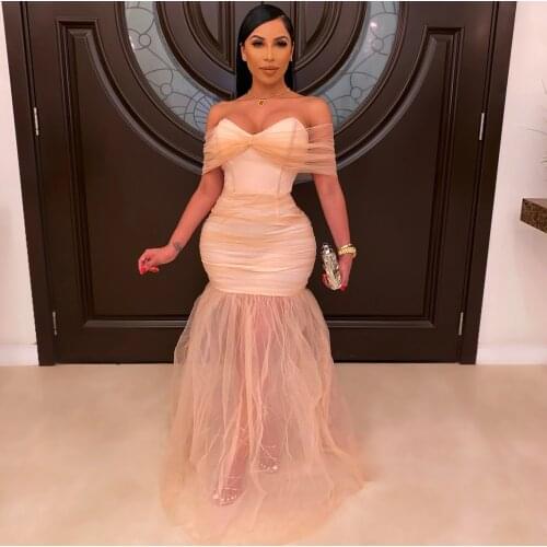 BKLD Womens Dresses New Arrival 2021 Summer Off The Shoulder Strapless Sexy Mesh Slim Evening Party Long Dress Bodycon Clubwear
