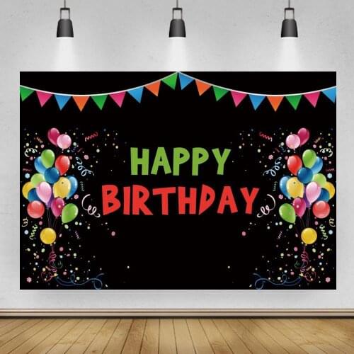 Balloons Beside Black Board Colorful Flags Party Backdrops Happy Birthday Cake Table Decoration Photo Backgrounds