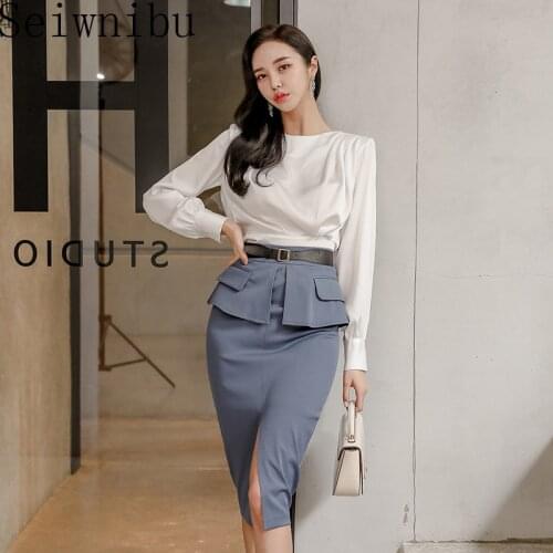 2020 Summer Women Vintage New Skirt Suits Female Solid Shirt & High Waist Sheath Bodycon Pencil Skirt 2 Piece Business Set