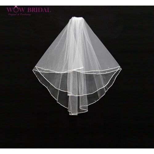 Wowbridal Graceful White Bridesmaid Wedding Veil 2021 Two-Layer Ribbon Edge Crystal Beaded Organza Bridal Accessories TS0001