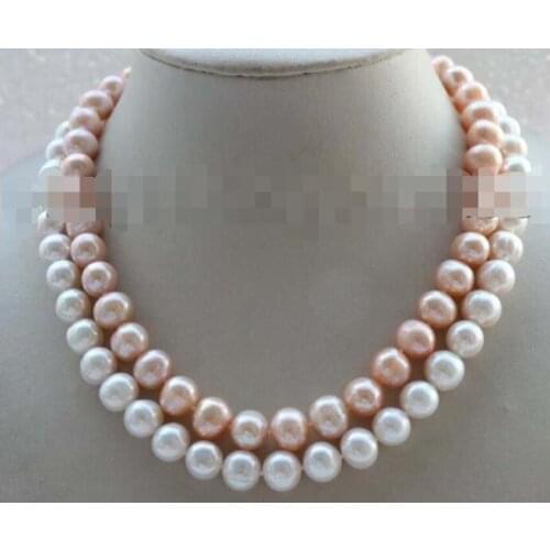17-18" Double Genuine Natural 9-10mm White Pink Round Pearl Necklace #f1860