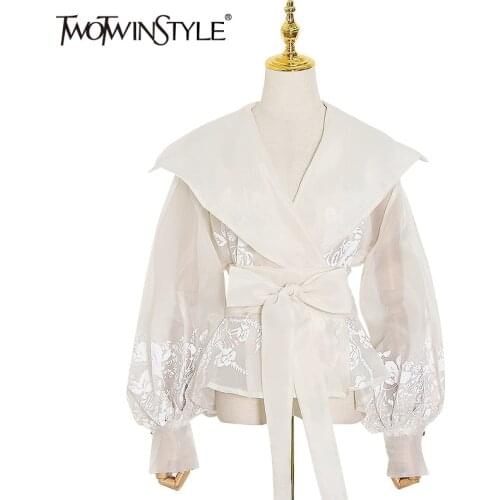 TWOTWINSTYLE Patchwork Print Embroidery Womens Shirt Lapel Collar Lantern Sleeve Tunic Lace Up Elegant Shirts Female 2020 New