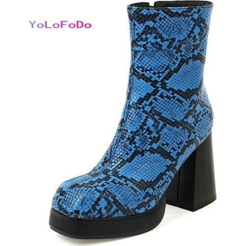 2021 Autumn Winter Women Ankle Boots Snake Print PU Leather Ladies Thick High Heel Boots Platform Square Toe Womens Boots