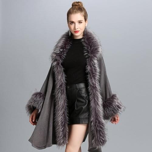 Autumn Winter New Womens Long Knitted Cardigan Sweater Fashion Fake Fox Fur Cashmere Shawl Cape Coat Poncho Female Loose Cloak