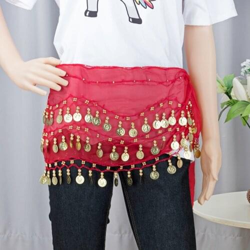 Women Sexy Bellydance Costume 98Pcs Gold Coin Waist Chain Dance Skirt Hip Scarf Chiffon Belly Dance Belt Dancing Accessories Red