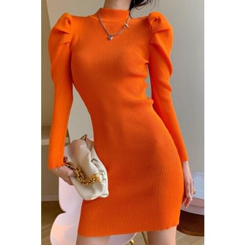 Bubble Sleeve Knitted Dress Womens Autumn And Winter Hip Covering Sexy Tight Skirt