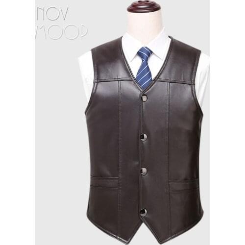Black brown genuine leather vest 100% lambskin leather jacket men winter warm fleece lined waistcoat chaleco hombre colete LT926