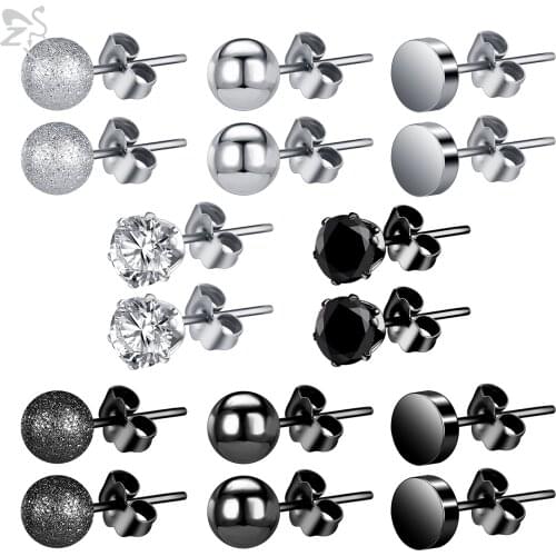 ZS 20g Stainless Steel Earring Studs Sets for Women Men Black Crystal Zirconia Ear Studs Earring Ear Helix Cartilage Piercings