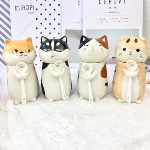 20pcs Cute Creative Cartoon Animal Ceramic Mug with Spoon Office Milk Coffee Cup Hand-Colored Breakfast Mug WB156