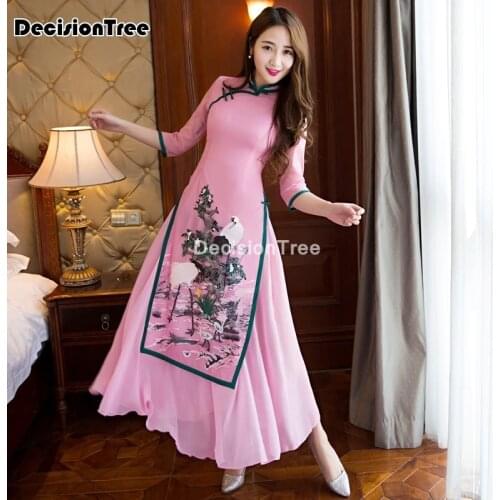 2021 ao dai cheongsam folk style vietnam chiffon aodai stand collar elegant women chinese traditional dress qipao chinese dress