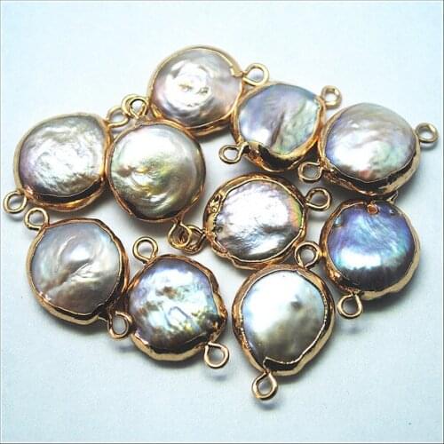 4pcs golden freshwater pearl coin shape pearl connectors size 14mm round shape for diy jewelry findings