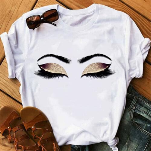 90s Aesthetic Eyelashes Prints Tshirt Women Harajuku Casual Tshirt Femme Graphic Funny Kawaii top Tees Korean Tee Shirts