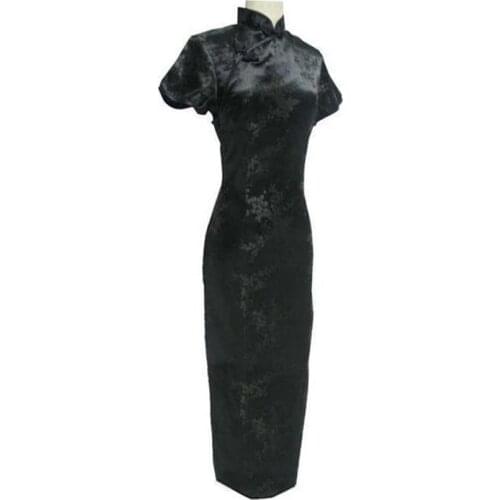Black Chinese Traditional Dress Sexy Women Satin Qipao Long Cheongsam Flower Plus Size S M L XL XXL XXXL 4XL 5XL 6XL LG04