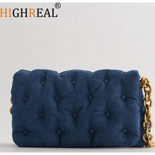 HIGHREAL Designer Thick Chain Handbags Womens Bag Luxury Blue Oversized Messenger Bags Retro Denim Quilted Shoulder Bag