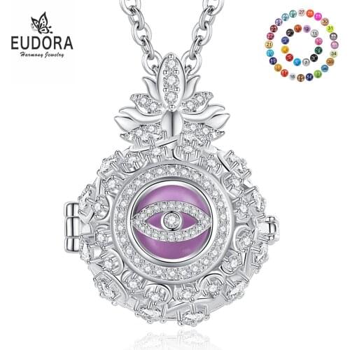 Eudora 18mm Fashion Eye Paved-Crystal Cage Harmony Ball Chime Bell Pendant Angel Caller Bola Necklace for Baby Pregnancy Jewelry