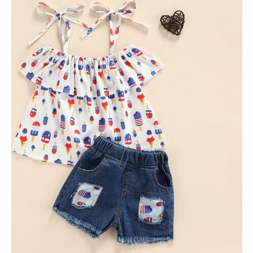 FOCUSNORM Independence Day Infant Kids Girls Clothes Sets Ice Cream Print Off Shoulder T Shirts Elastic Waist Denim Shorts 1-6Y