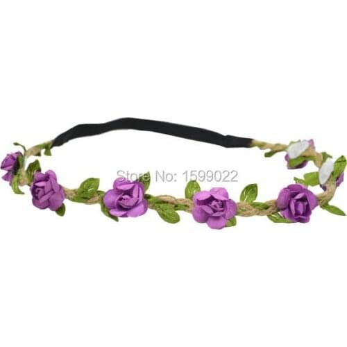 8pcs Artificial Flowers Headbands Green Leaves Crown Bohemian Hair Accessories Purple Gypsy Elastic Head Bands Flower Circlet