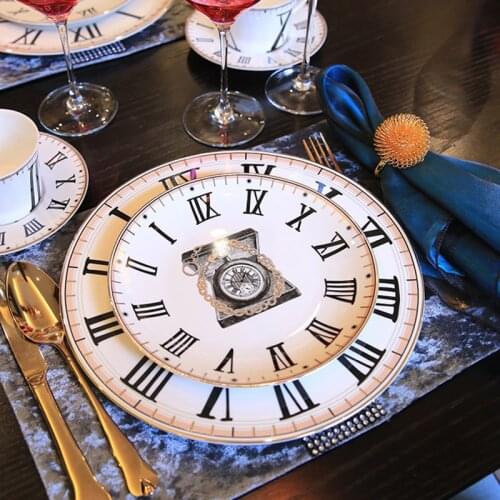 Ceramic Food Tray Coffee Tea Cup Saucer Gold Clock Pasta Dish Steak Plates Set Modern Afternoon Tea Cup Set Nordic Dinner Tools