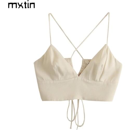 MXTIN 2021 Women Summer Fashion Sexy Solid Crossed Strap Tank Tops Vintage V-Neck Sleeveless Backless Casual Camis Chic Tops